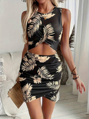 Cutout Printed Round Neck Sleeveless Mini Dress Tan / S