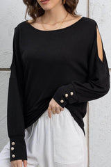 Cutout Round Neck Long Sleeve Top Black / M
