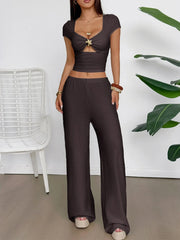 Cutout Short Sleeve Top and Pants Set Brown / S
