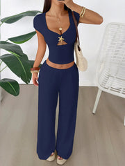 Cutout Short Sleeve Top and Pants Set Navy / S