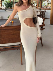 Cutout Slit One Shoulder Long Sleeve Sweater Dress