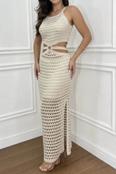Cutout Slit Round Neck Sweater Dress Beige / S