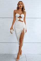 Cutout Strapless Drawstring Detail Split Bandage Dress White / S