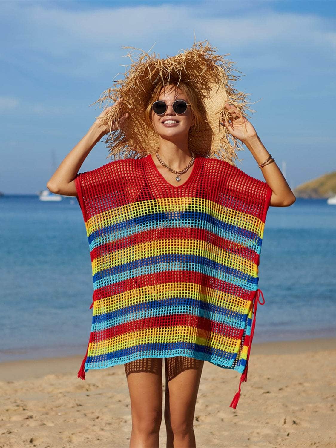 Cutout Striped Cover-Up with Tassel Red / One Size