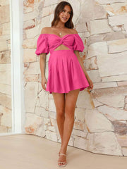 Cutout Twisted Off-Shoulder Short Sleeve Dress Hot Pink / S