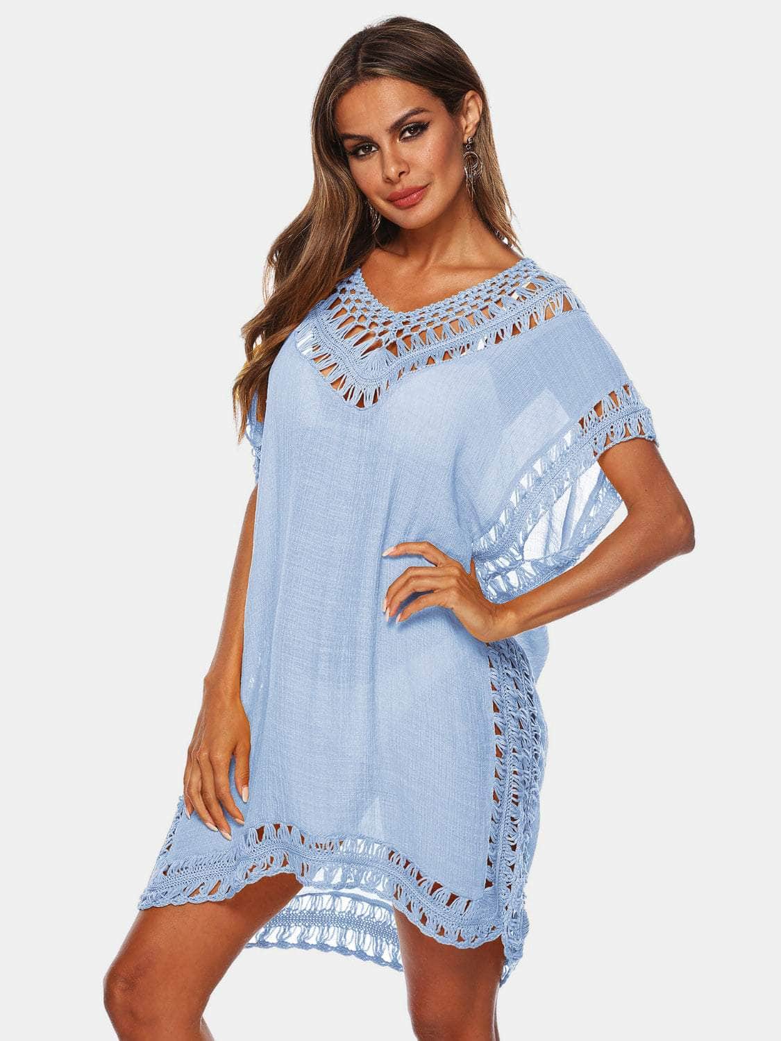 Cutout V-Neck Short Sleeve Cover-Up Misty Blue / One Size