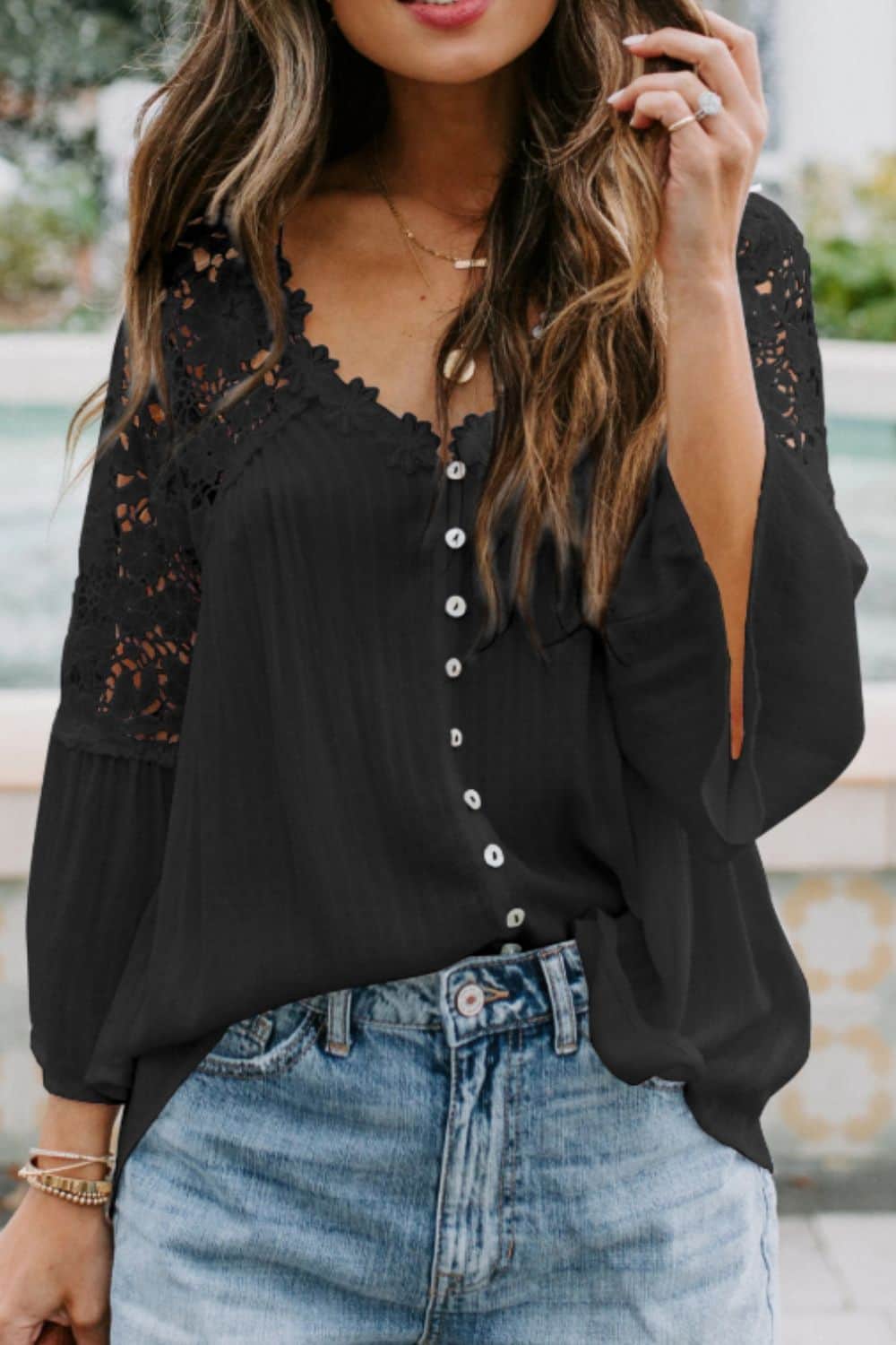 Cutout V-Neck Three-Quarter Sleeve Top Black / S