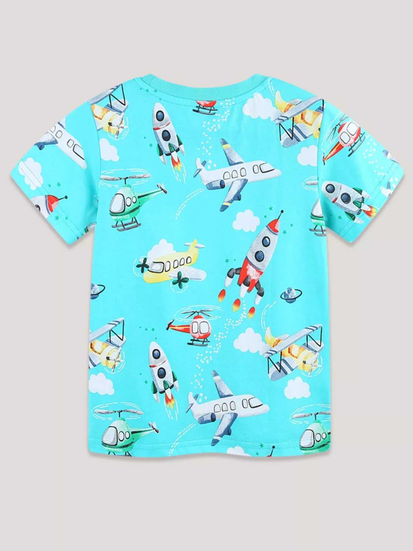 Back view of the aqua children's t-shirt with all-over airplane rocket and helicopter print