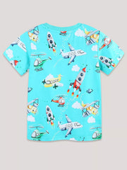 Back view of the aqua children's t-shirt with all-over airplane rocket and helicopter print