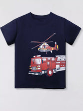 Dark navy children's short sleeve T-shirt with a red fire truck and helicopter print, shown flat from the front.