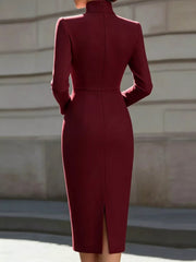 Back view of burgundy stand collar long sleeve midi dress with back slit outdoors