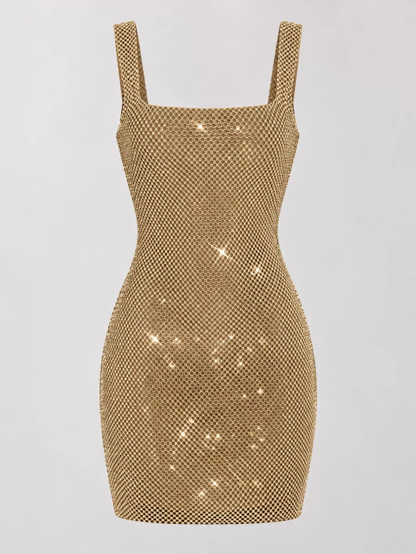 Gold rhinestone mesh bodycon mini dress shown flat, front view unworn