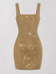 Gold rhinestone mesh bodycon mini dress shown flat, front view unworn