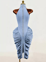 Light blue sleeveless mock neck ruched bodycon denim dress on mannequin, back view with zip
