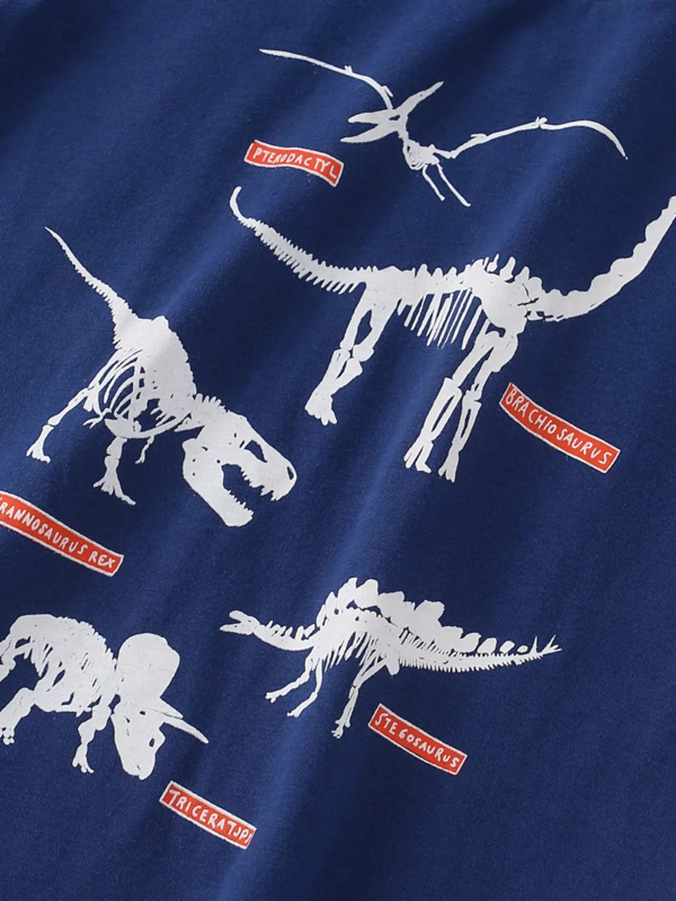 Angled close-up of white dinosaur skeleton prints with red labels on navy tee