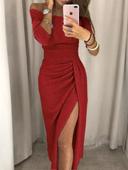 Red shimmering off shoulder ruched midi dress with thigh slit in a mirror selfie