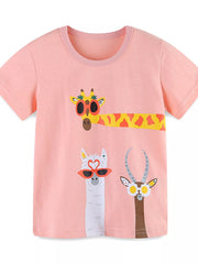 Flat lay front view of pale blush children's t-shirt with giraffe llama and antelope cartoon prints