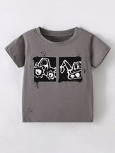 Front view of a dark gray children's short sleeve t shirt with black and white cartoon vehicle graphics