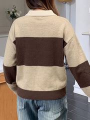 Back view of beige and brown color block polo sweater with brown ribbed hem.