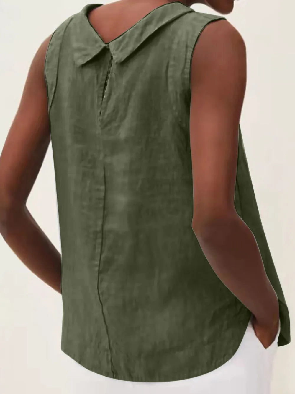 Back view of a sleeveless olive green top with a collar, center seam, and curved hem