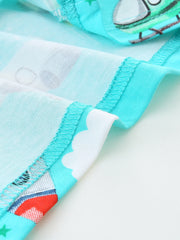 Close-up hem detail showing aqua stitching and a cloud print at the fabric edge