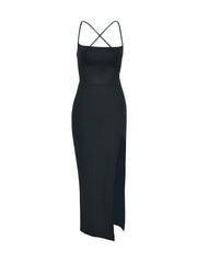 Black halter neck bodycon dress with crisscross straps and high slit displayed flat