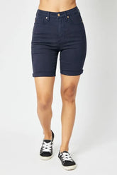 Women's dark blue Bermuda shorts with a high waist.