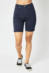 Women's dark blue Bermuda shorts with a high waist.