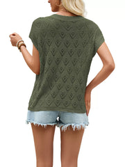 Back view on-model of green openwork short sleeve knit top with heart shaped perforations against plain background
