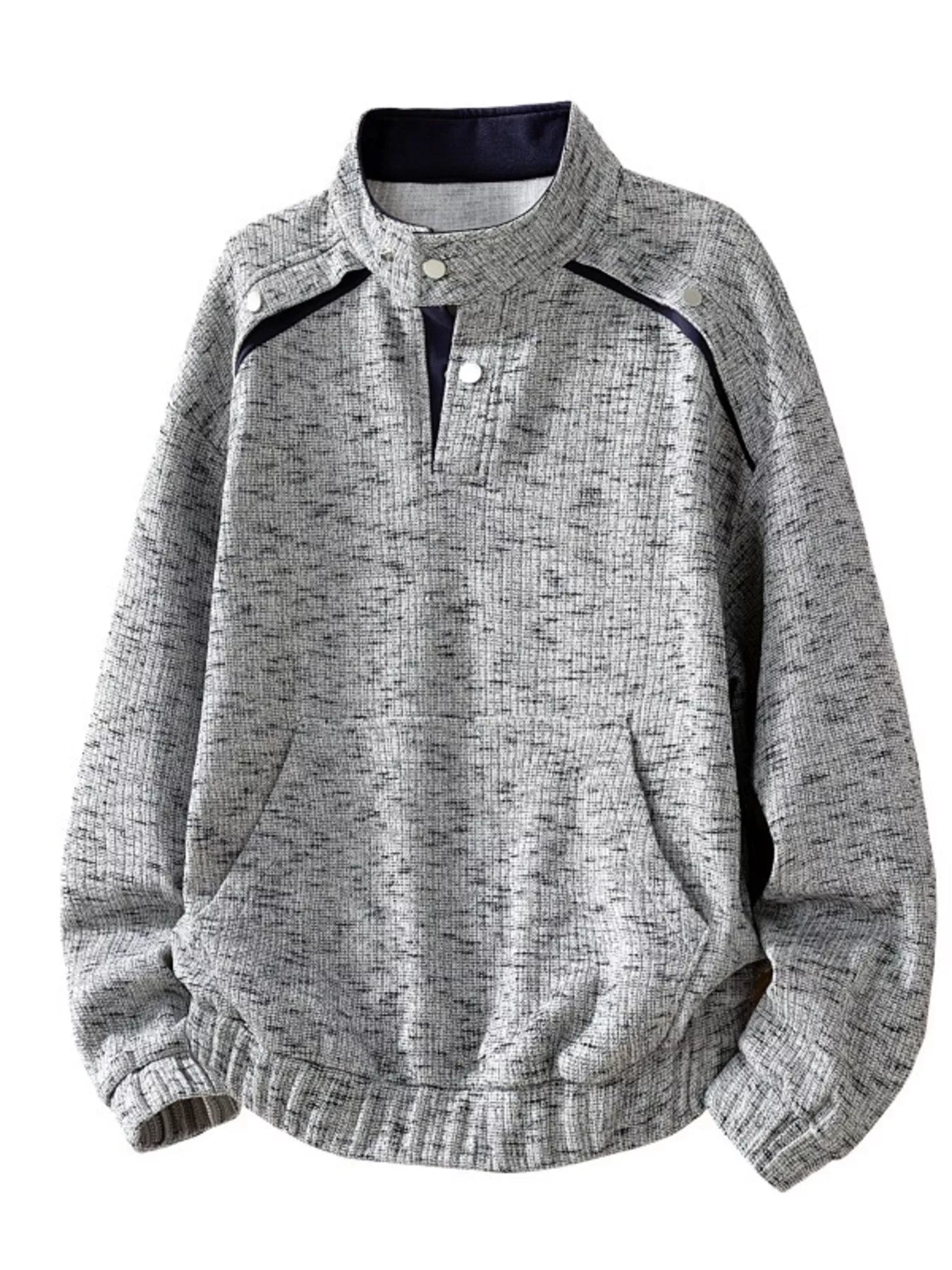 Men's textured sweatshirt with a stand collar and kangaroo pocket.