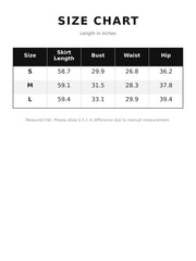 Size chart for long sleeve lace and satin maxi dress in sizes small to large