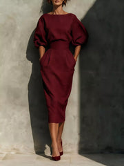 Burgundy round neck puff sleeve midi dress with wide waistband front view