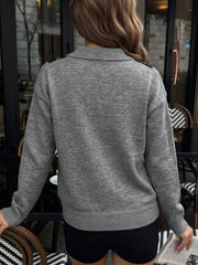 Back view of a plain gray long sleeve polo sweater with a ribbed hem