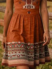 Close view of orange tribal print dress skirt with patterned border hem