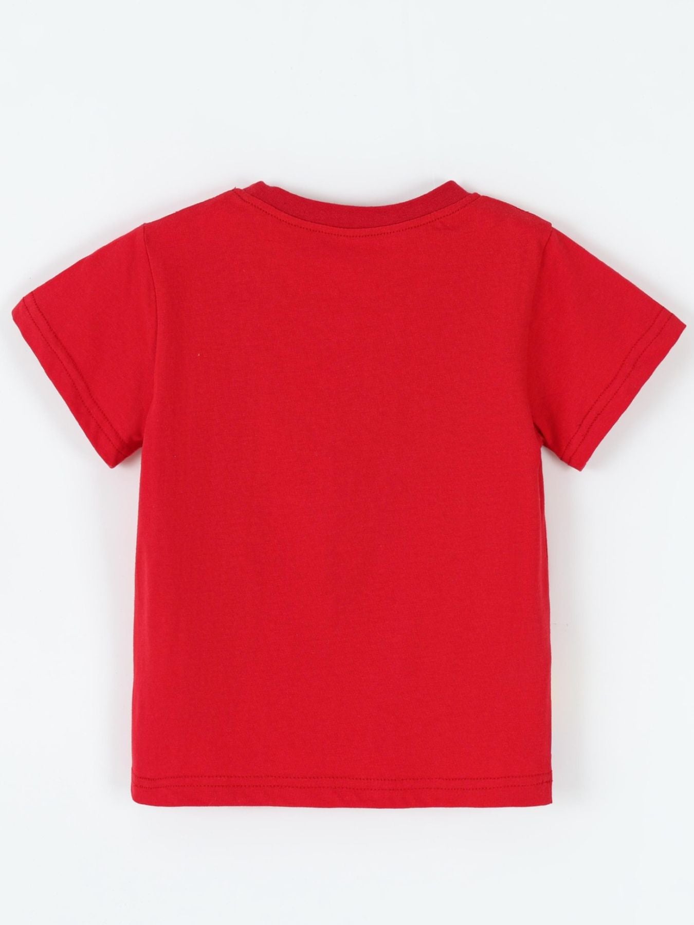 Back flat view of plain red children's short sleeve t-shirt with no print