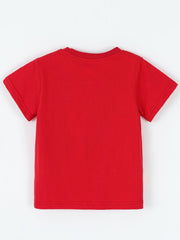 Back flat view of plain red children's short sleeve t-shirt with no print
