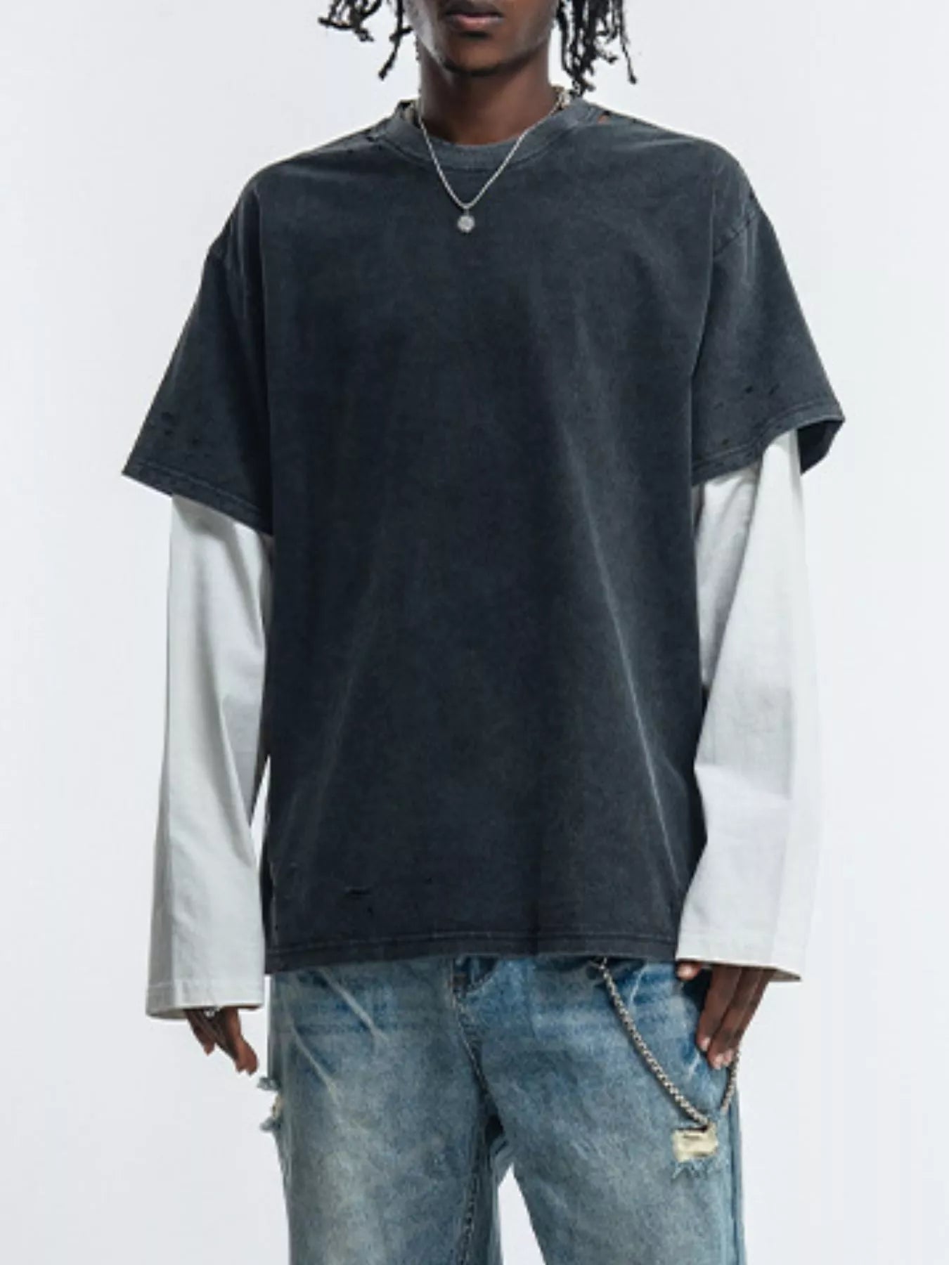 Men's long-sleeve cotton T-shirt with a layered two-piece look.