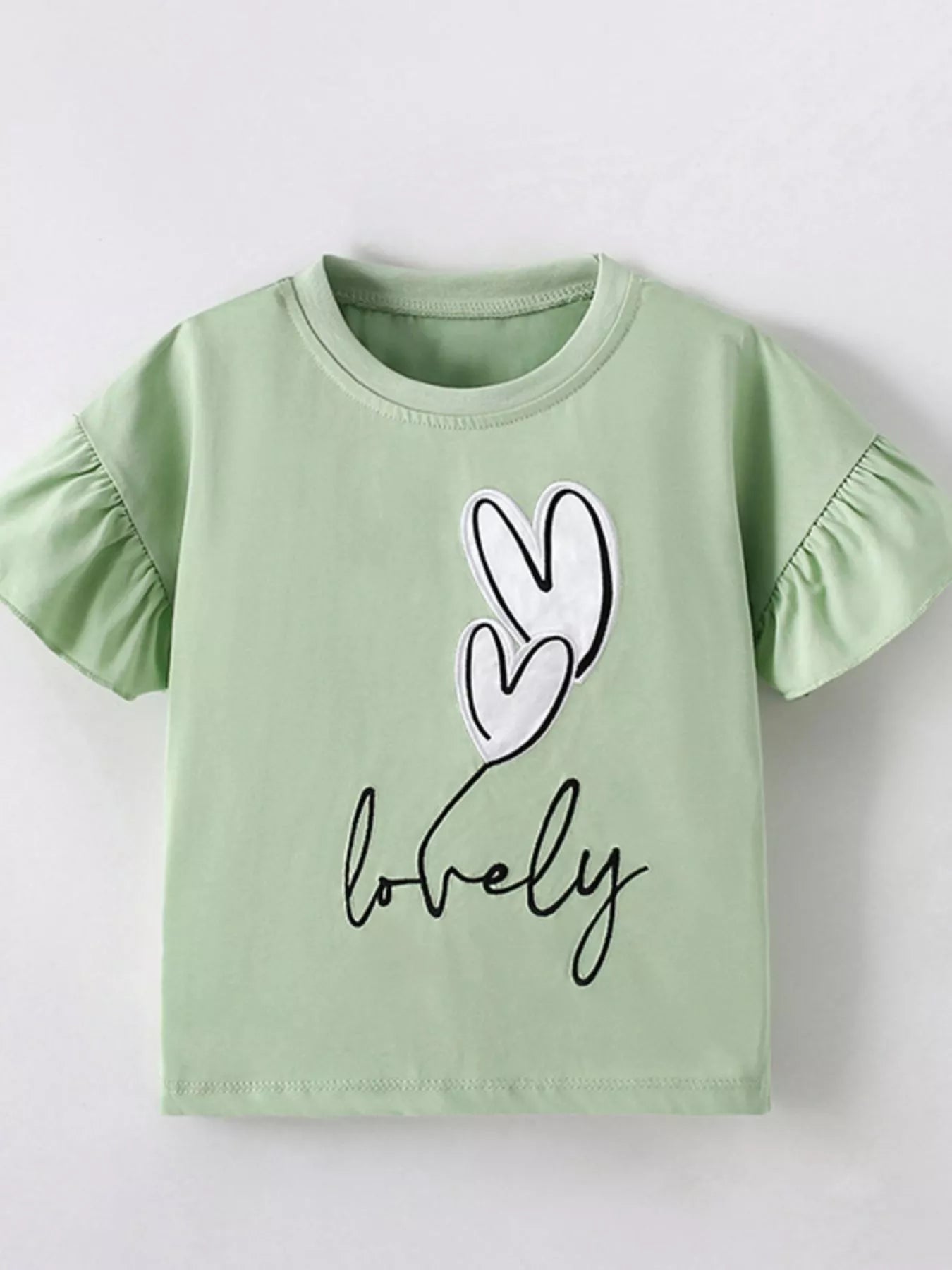Flat front view of the sage green children's T-shirt with white hearts, lovely script and ruffle sleeves