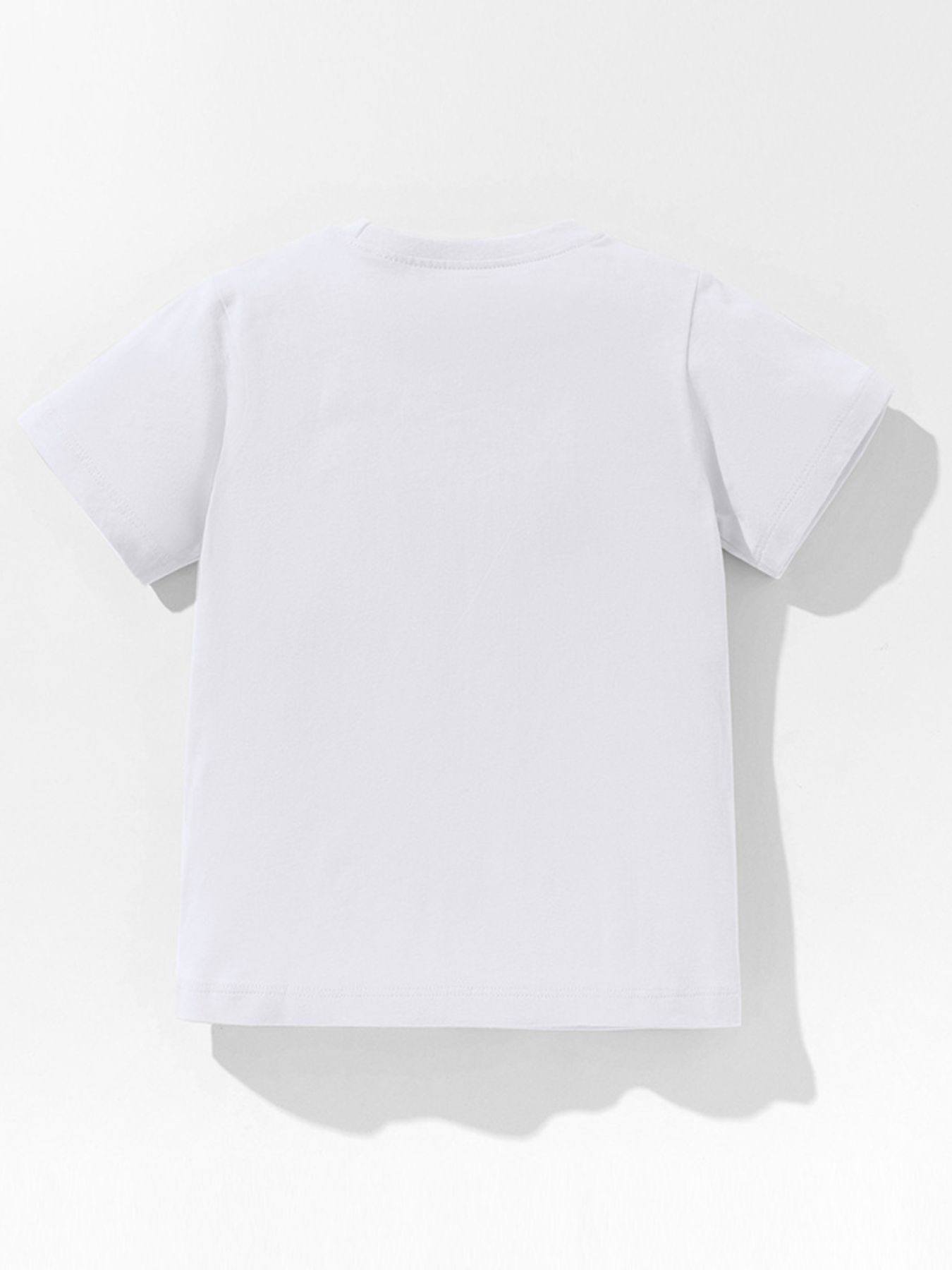 Plain back view of a white children's short sleeve tee, laid flat