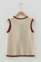 Flat lay back view of a beige tie front sweater vest with brown contrast trim