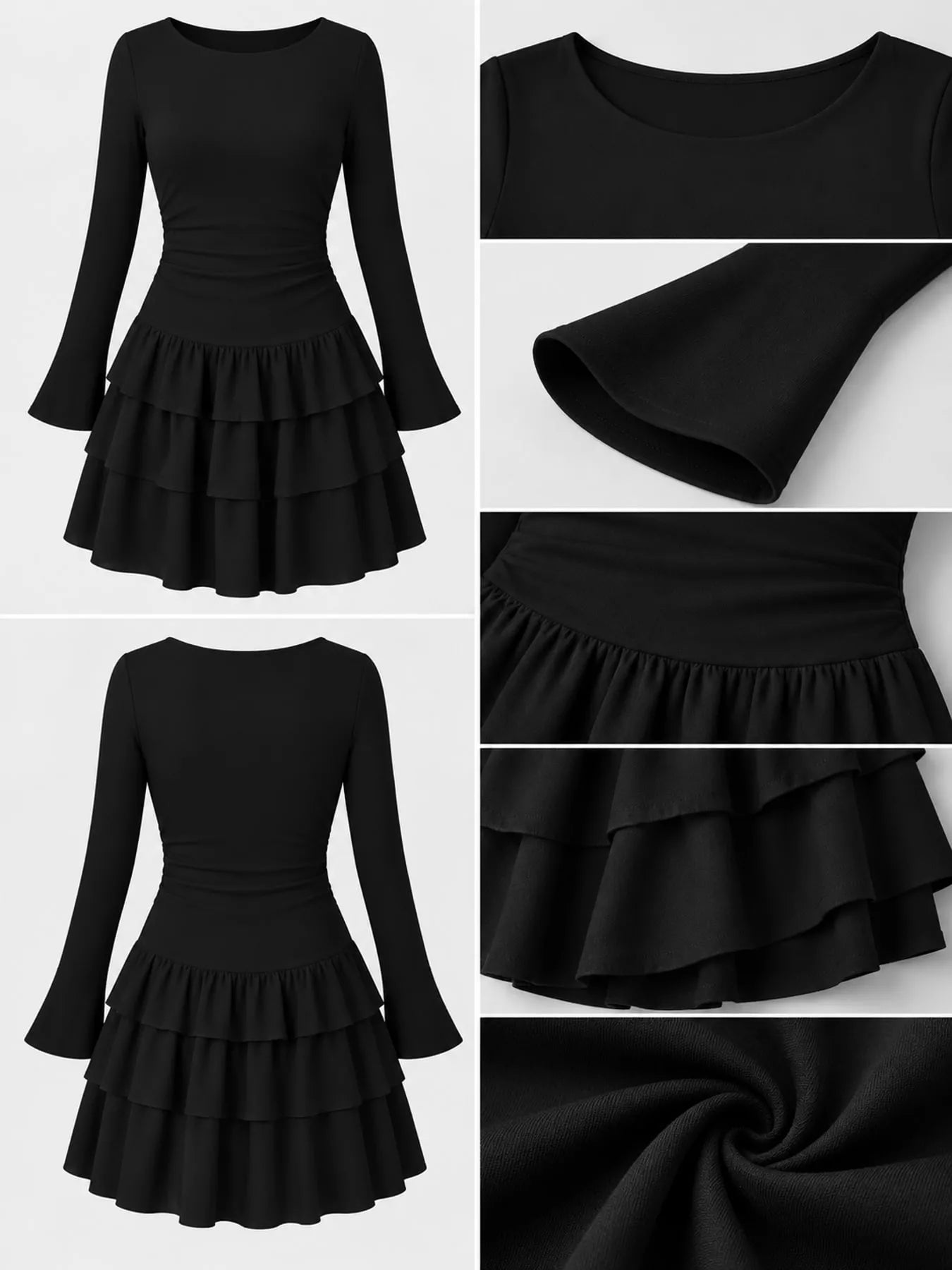 Black long sleeve mini dress flat lay collage showing front back neckline sleeve ruffle and fabric details