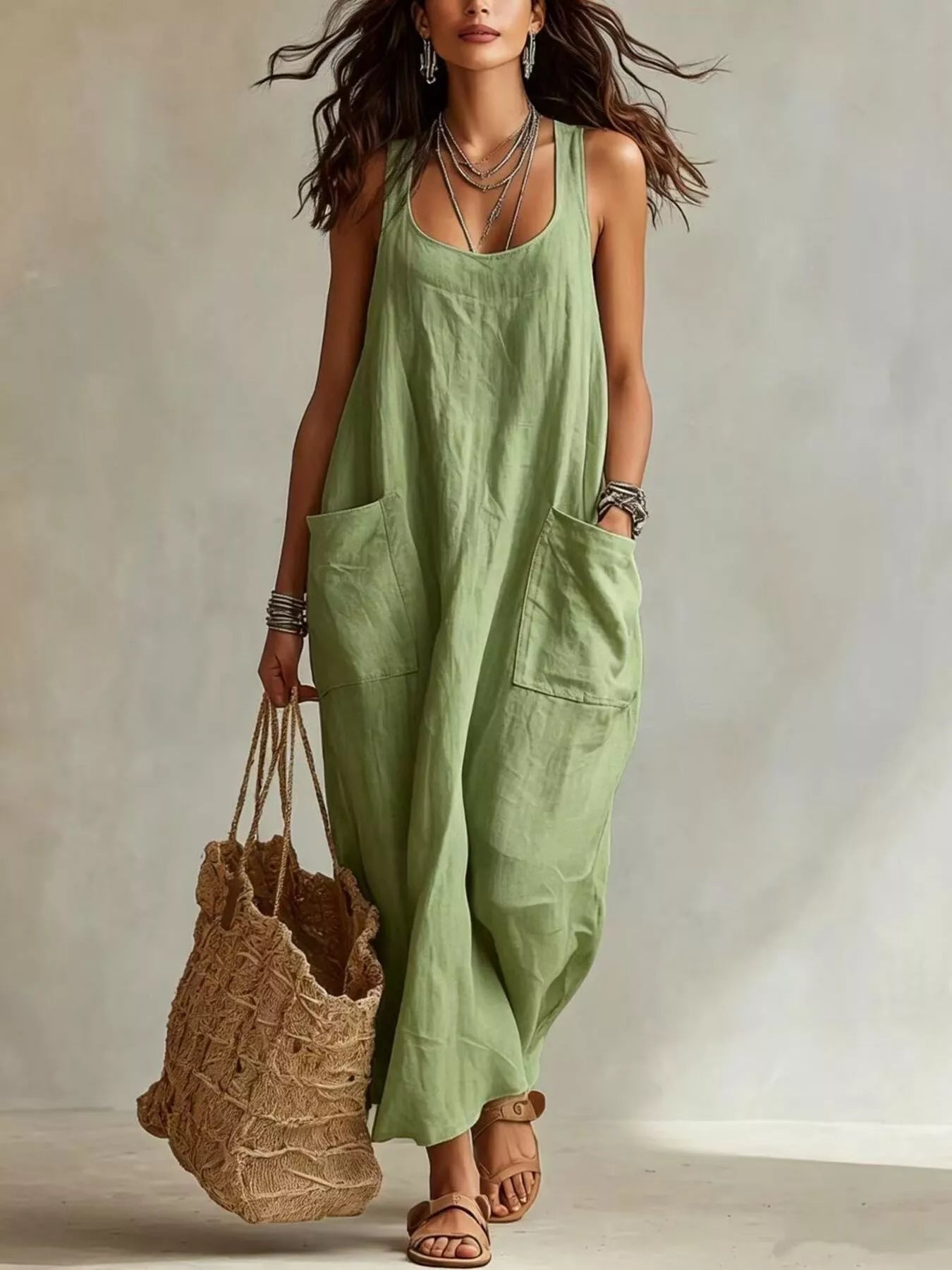 Model wearing light green sleeveless scoop neck maxi dress, full view with large front pockets
