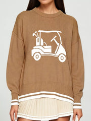 Front view of a khaki dropped shoulder sweater with a white golf cart graphic and striped trim.