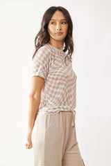 Davi & Dani Checker Board Printed Mesh Short Sleeve Top