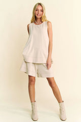 Davi & Dani Contrast Seam Top and Short Set BEIGE / S