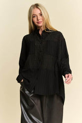 Davi & Dani Crinkled Jacquard Button Down Shirt Black / S