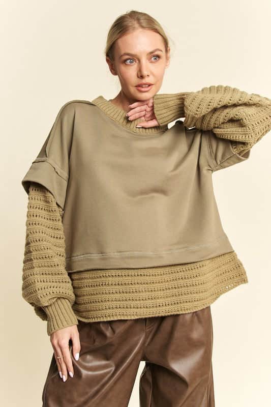 Davi & Dani Faux Layered Round Neck Sweater Olive / S