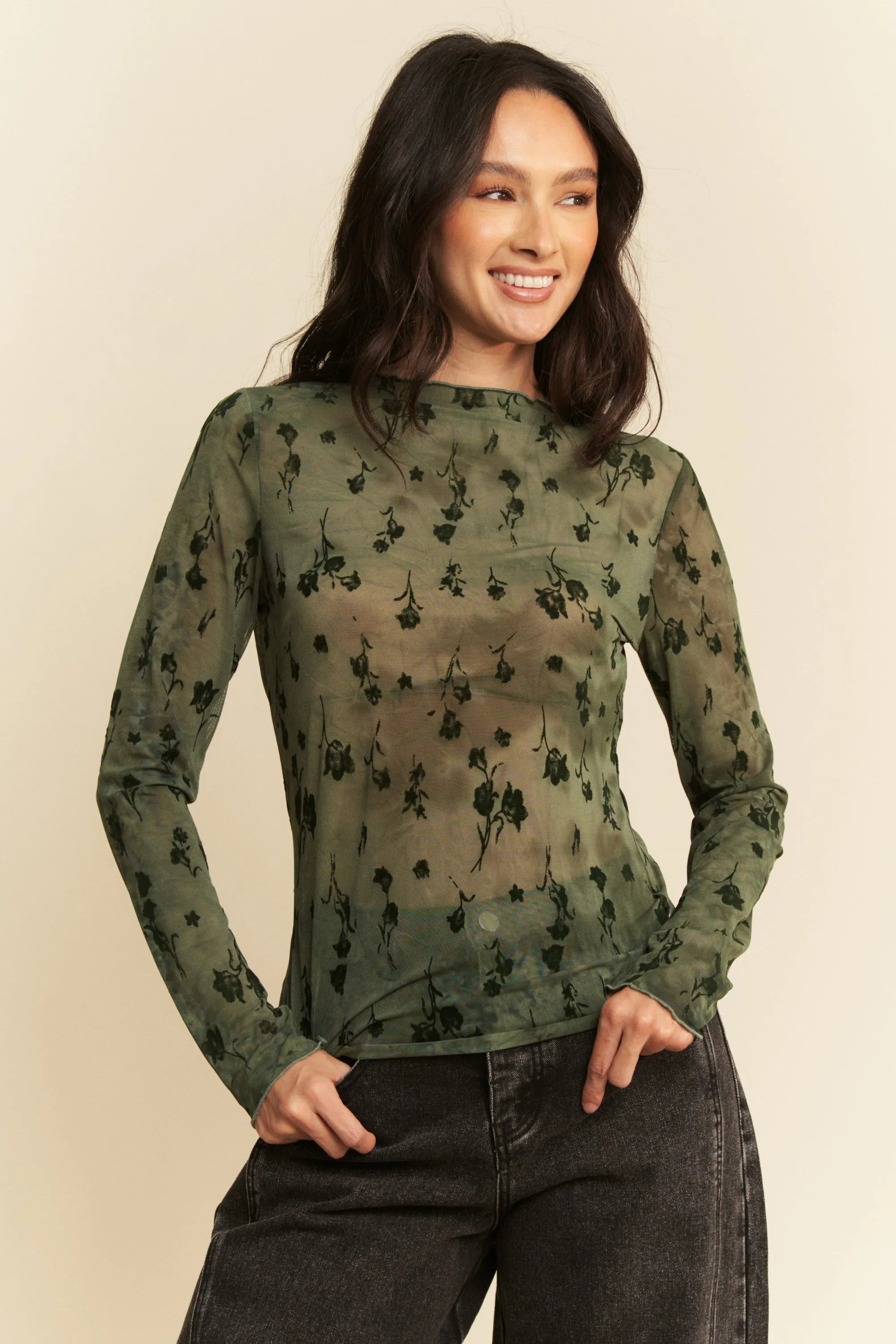 Davi & Dani Floral Mesh Long Sleeve Sheer Layering Top ARMY OLIVE / S