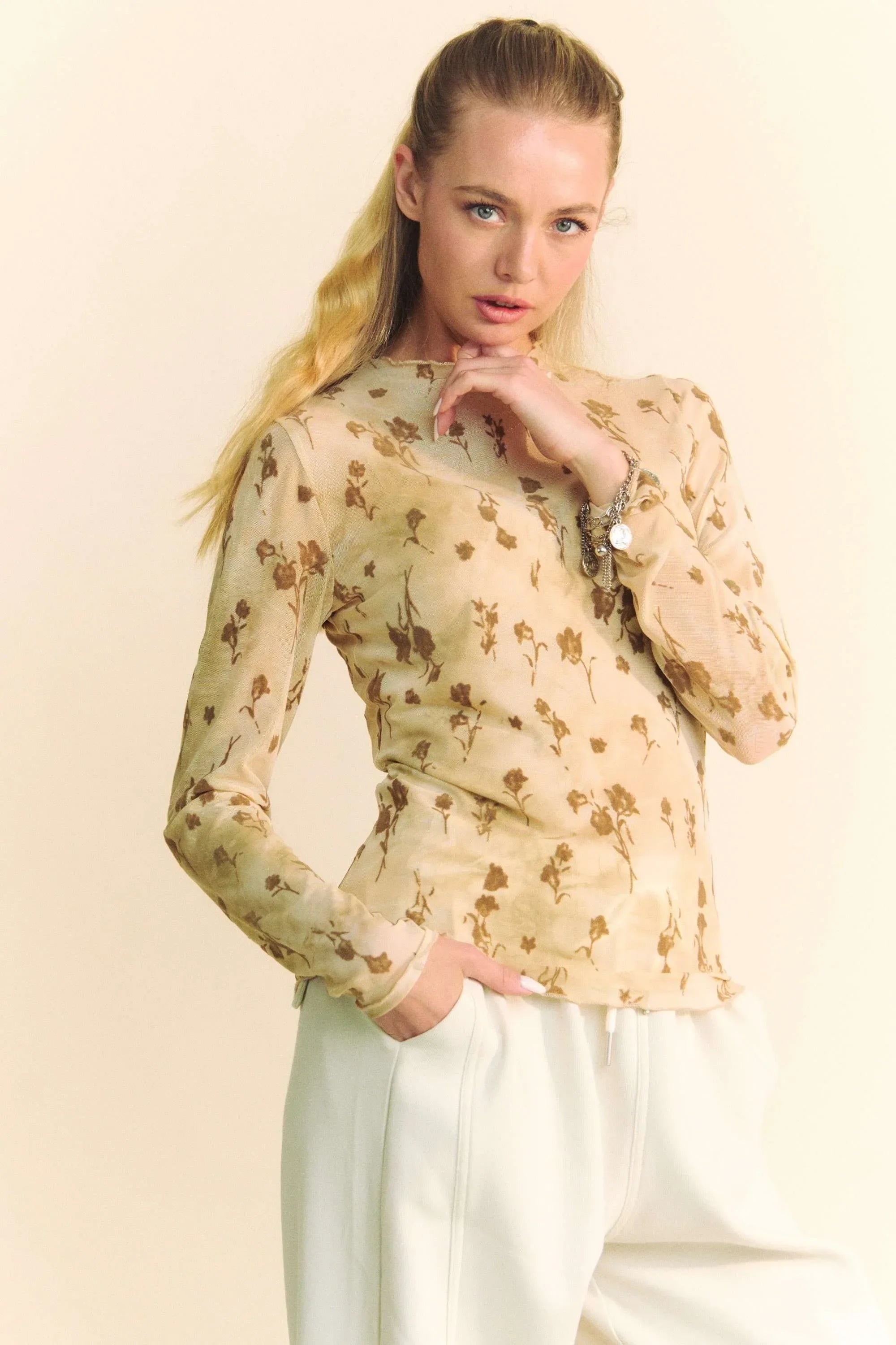 Davi & Dani Floral Mesh Long Sleeve Sheer Layering Top CREAM LATTE / S