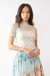 Davi & Dani Floral Mesh Mock Neck Short Sleeve Top INDIAN PINK / S